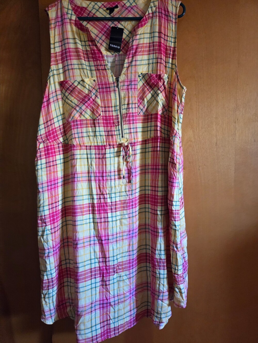 torrid Pink and Yellow Plaid Sleeveless Zip-Front Drawstring Dress